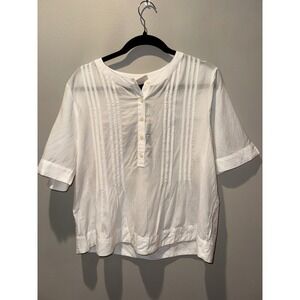 White Cotton Pintuck Blouse Short Sleeve Button Front Henley Top Size M (148)